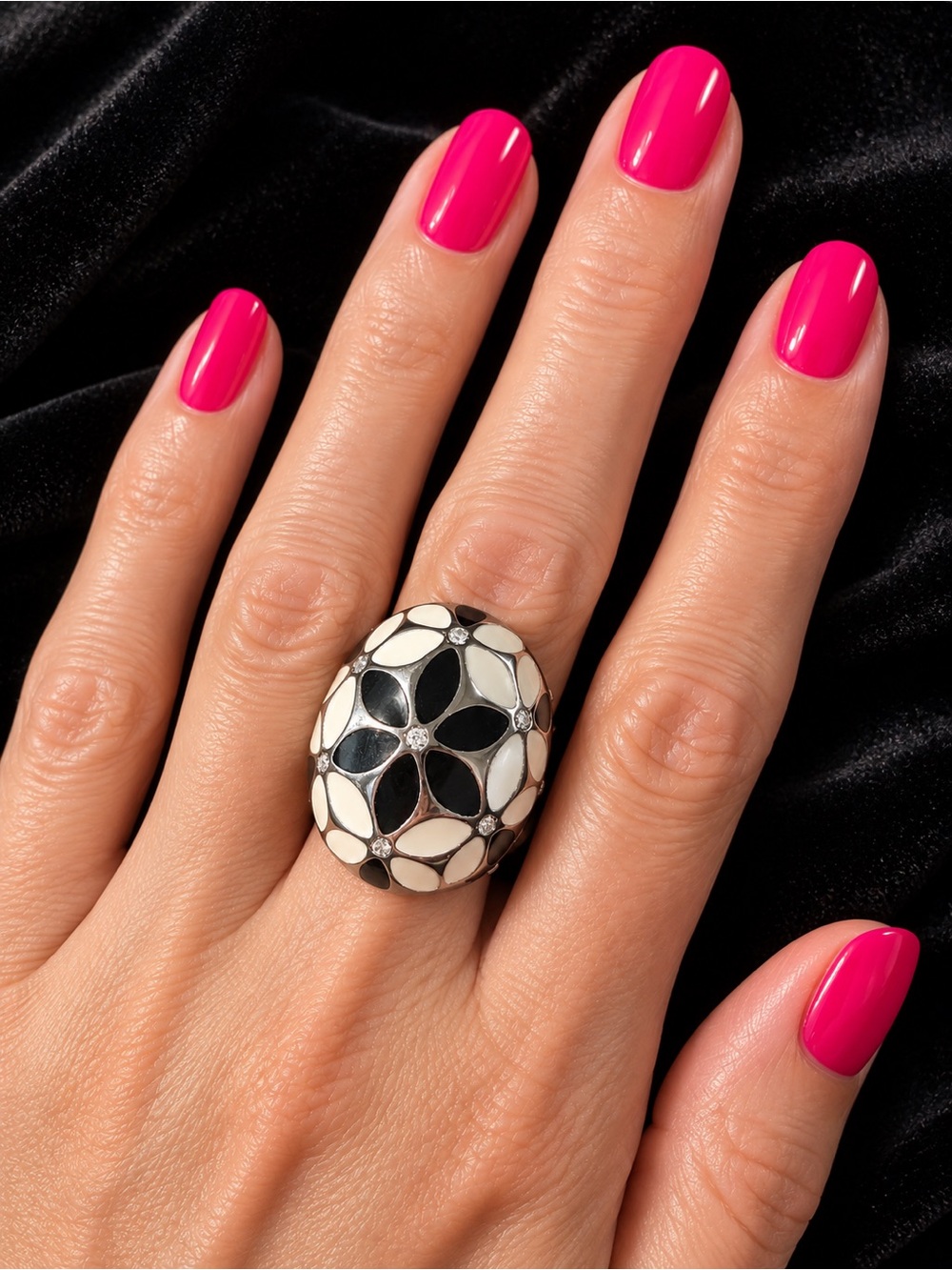 Stainless Steel Dome Ring with Black and White Floral Design Clear Rhinestones 5